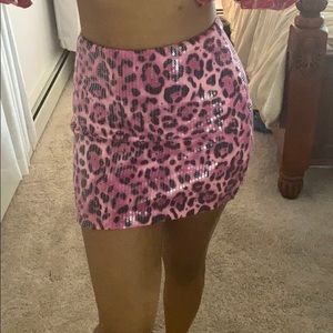 pink leopard sequin skirt.
